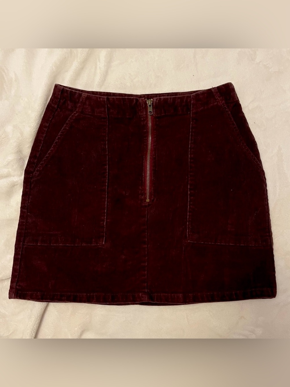Twee Whimsigoth Corduroy Utility Zip Front Pocket Maroon Plum Mini Skirt